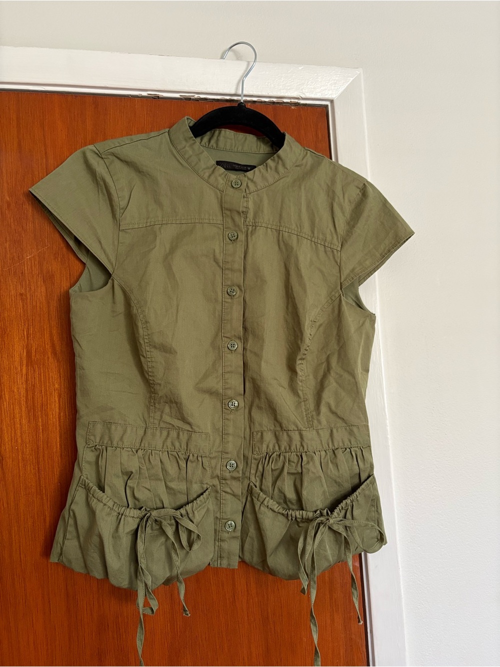 Zara - Olive Green Short-Sleeve Button Front Peplum Top